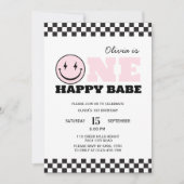 Een Happy Babe Retro Eerste Verjaardag Uitnodiging (Voorkant)