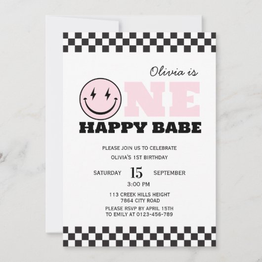 Een Happy Babe Retro Eerste Verjaardag Uitnodiging (Voorkant)