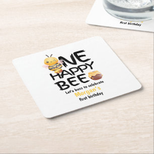 Een Happy Bee Honey Yellow Bee Girls 1e verjaardag Kartonnen Onderzetters