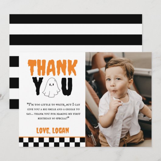 Een Happy Boo Retro Boy 1e Verjaardag Party Foto Bedankkaart (Voorkant / Achterkant)