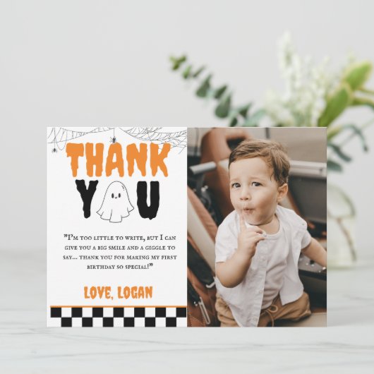 Een Happy Boo Retro Boy 1e Verjaardag Party Foto Bedankkaart (Staand voorkant)