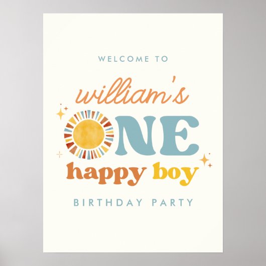 Een Happy Boy Sun 1e verjaardag Welkom Teken Poster (Voorkant)
