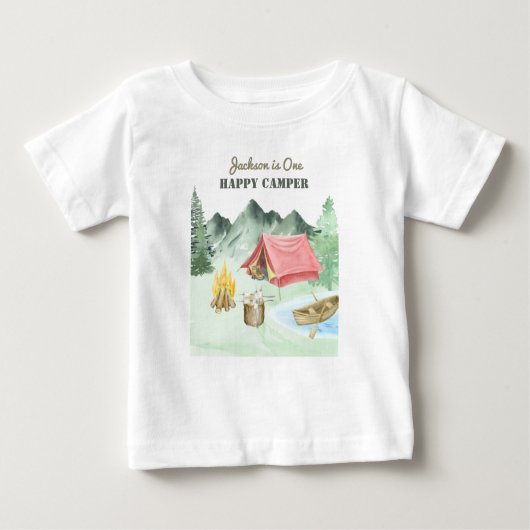 Een Happy Camper 1e Verjaardag Camping Baby T-shir (Voorkant)