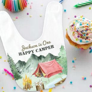 Eén Happy Camper 1st Birthday Camping Baby Slabbetje