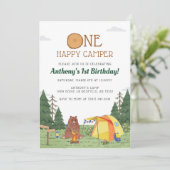 Eén Happy Camper 1st Birthday Camping Waterverf Kaart (Staand voorkant)