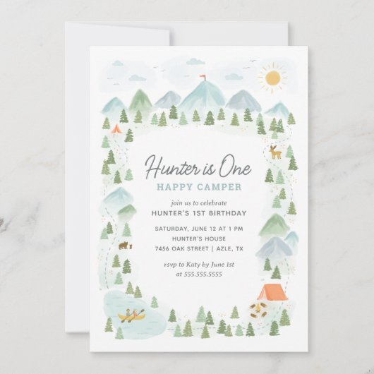 Eén Happy Camper 1st Birthday Kaart (Voorkant)