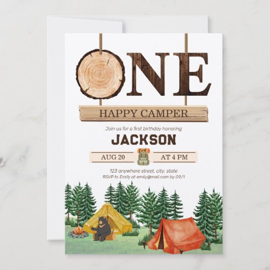 Eén Happy Camper 1st Birthday Kaart (Voorkant)