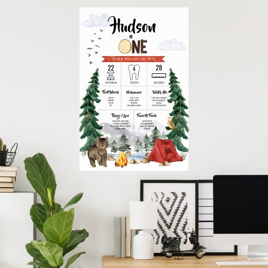 Een Happy Camper 1st Birthday Milestone Grafiek Poster (Thuiskantoor)