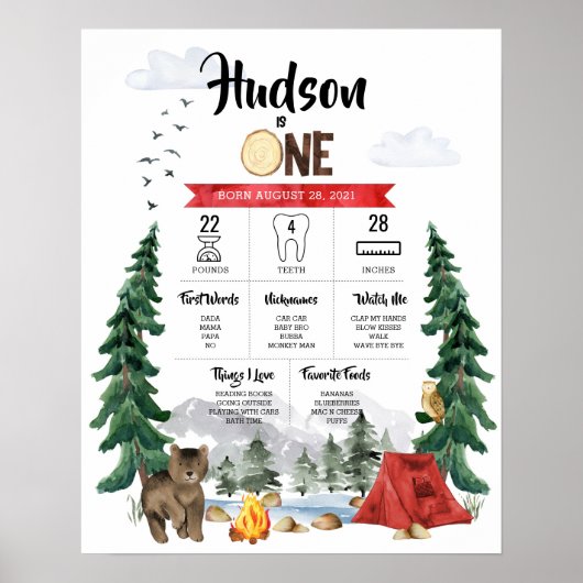 Een Happy Camper 1st Birthday Milestone Grafiek Poster (Voorkant)