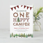 Eén Happy Camper 1st Birthday Party uitgenodigd Kaart (Staand voorkant)