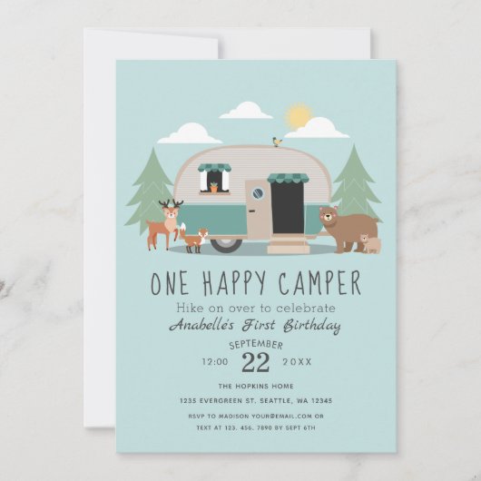Eén Happy Camper 1st Birthday Party uitgenodigd Kaart (Voorkant)