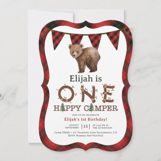 Eén Happy Camper 1st Birthday Party uitgenodigd Kaart (Voorkant)