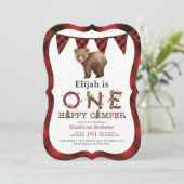 Eén Happy Camper 1st Birthday Party uitgenodigd Kaart (Staand voorkant)