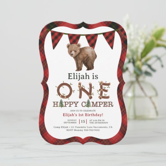 Eén Happy Camper 1st Birthday Party uitgenodigd Kaart (Staand voorkant)