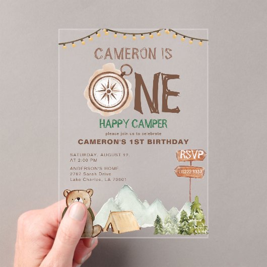 Een Happy Camper Beer Woodland 1e verjaardag Acryl Uitnodigingen (Insitu (Draagbaar))