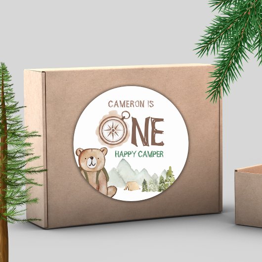 Een Happy Camper Beer Woodland 1e verjaardag Ronde Sticker