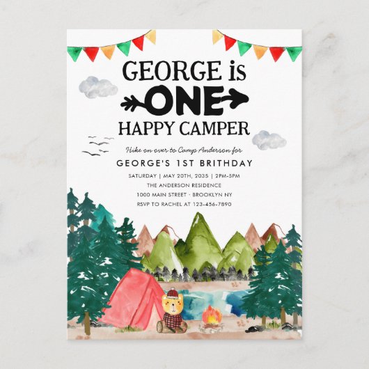 EEN Happy Camper Bergen Camping 1e Verjaardag Briefkaart (Voorkant)