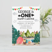 EEN Happy Camper Bergen Camping 1e Verjaardag Kaart (Staand voorkant)