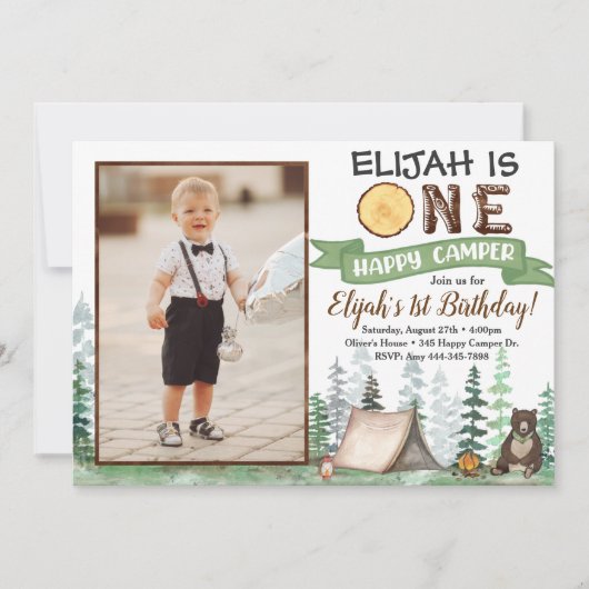 Eén Happy Camper Birthday Uitnodiging 1e verjaarda (Voorkant)