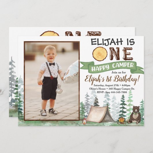 Eén Happy Camper Birthday Uitnodiging 1e verjaarda (Voorkant / Achterkant)