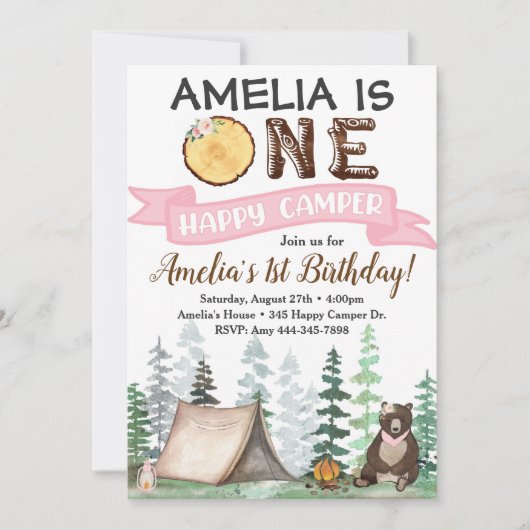 Eén Happy Camper Birthday Uitnodiging 1e verjaarda (Voorkant)