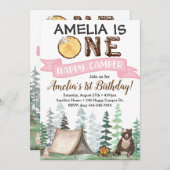 Eén Happy Camper Birthday Uitnodiging 1e verjaarda (Voorkant / Achterkant)