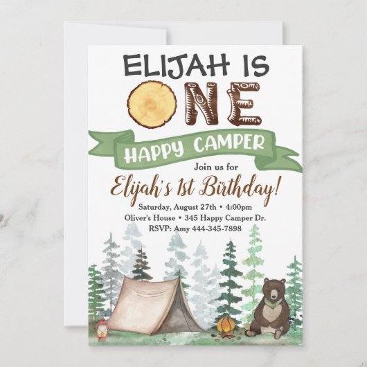 Eén Happy Camper Birthday Uitnodiging 1e verjaarda (Voorkant)