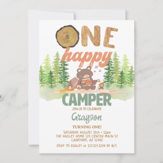 Eén Happy Camper Birthday-uitnodiging Kaart (Voorkant)