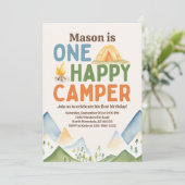 Eén Happy Camper Birthday-uitnodiging Kaart (Staand voorkant)