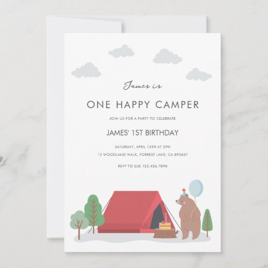 Eén Happy Camper Birthday-uitnodiging Kaart (Voorkant)