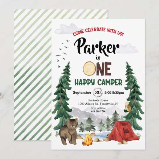 Eén Happy Camper Birthday-uitnodiging Kaart (Voorkant / Achterkant)