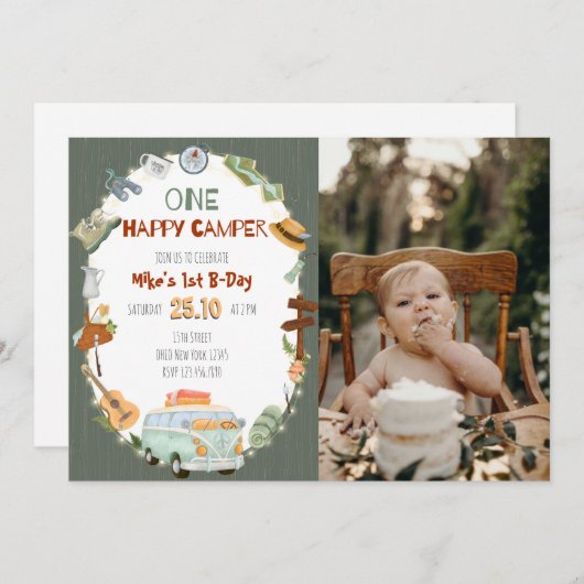 Eén Happy Camper Birthday-uitnodiging Kaart (Voorkant / Achterkant)