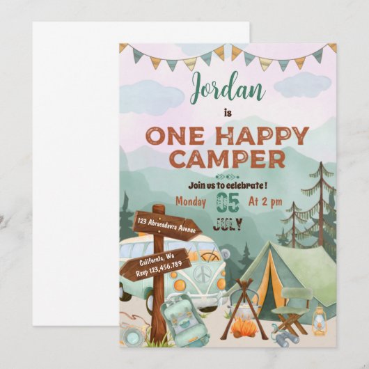 Eén Happy Camper Birthday-uitnodiging Kaart (Voorkant / Achterkant)