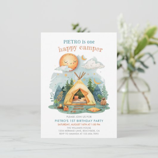 Eén Happy Camper Boys 1e verjaardag uitnodiging (Staand voorkant)