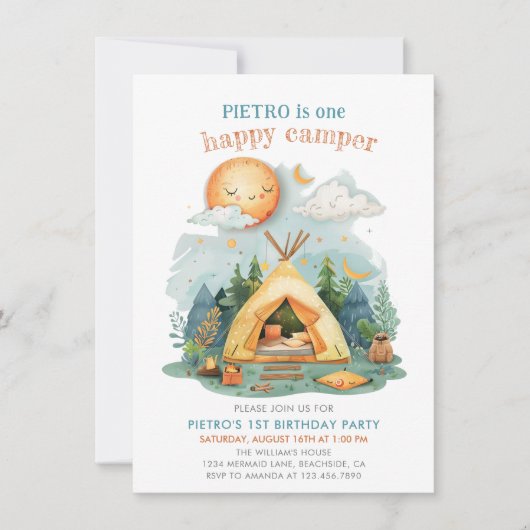 Eén Happy Camper Boys 1e verjaardag uitnodiging (Voorkant)