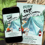Eén Happy Camper Boys 1e verjaardag uitnodiging<br><div class="desc">Camping de eerste verjaardag uitnodiging - ideaal voor een achtertuin bq,  picknick of outdoor verjaardagsfeest. Dit ontwerp van de waterverf heeft een berg- en bosgebied met tentenkampen,  kampvuur en dammen. De titel leest "[name] is één vrolijke camper" en de resterende uitnodigingsformulering is volledig bewerkbaar.</div>