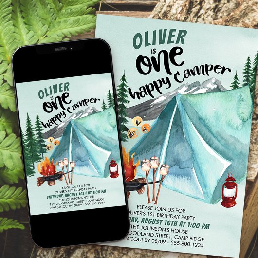 Eén Happy Camper Boys 1e verjaardag uitnodiging