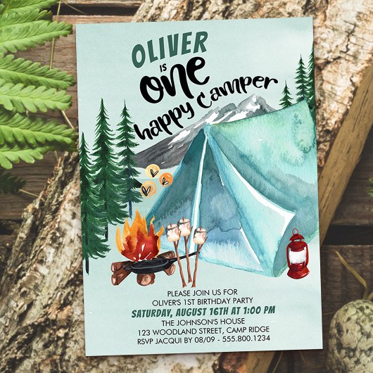 Eén Happy Camper Boys 1e verjaardag uitnodiging
