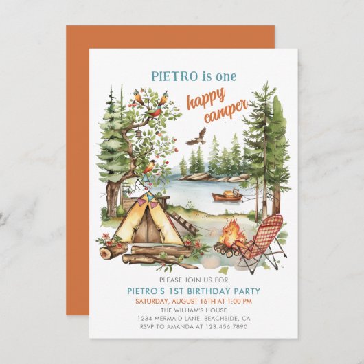 Eén Happy Camper Boys 1e verjaardag uitnodiging (Voorkant / Achterkant)