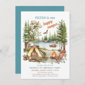 Eén Happy Camper Boys 1e verjaardag uitnodiging (Voorkant / Achterkant)