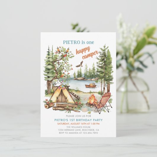 Eén Happy Camper Boys 1e verjaardag uitnodiging (Staand voorkant)