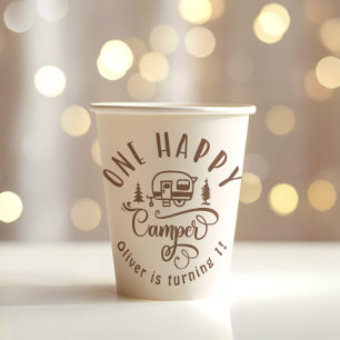 Een Happy Camper bruin minimalist 1e verjaardag Papieren Bekers