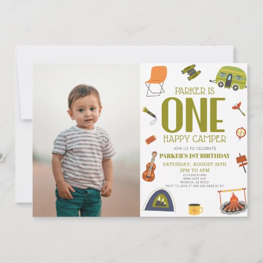 Een Happy Camper Camping 1e Eerste Verjaardagsfees Kaart (Voorkant)