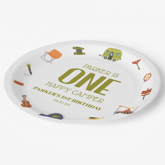 Een Happy Camper Camping 1e Eerste Verjaardagsfees Papieren Bordje (Gekanteld)