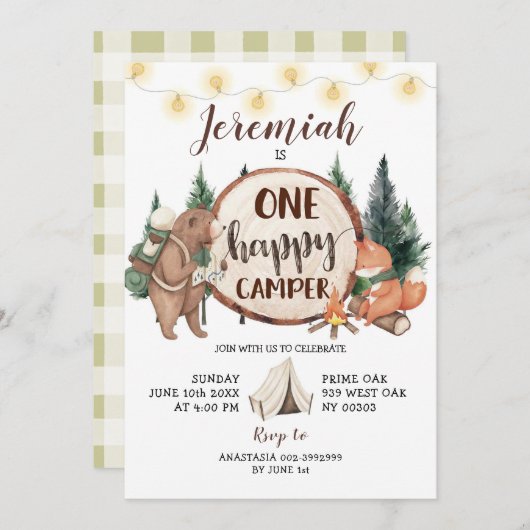 Een Happy Camper Camping Eerste Verjaardag uitnodi Kaart (Voorkant / Achterkant)