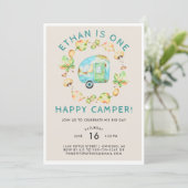 Een Happy Camper First Birthday Party Kaart (Staand voorkant)