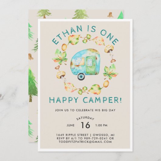 Een Happy Camper First Birthday Party Kaart (Voorkant / Achterkant)