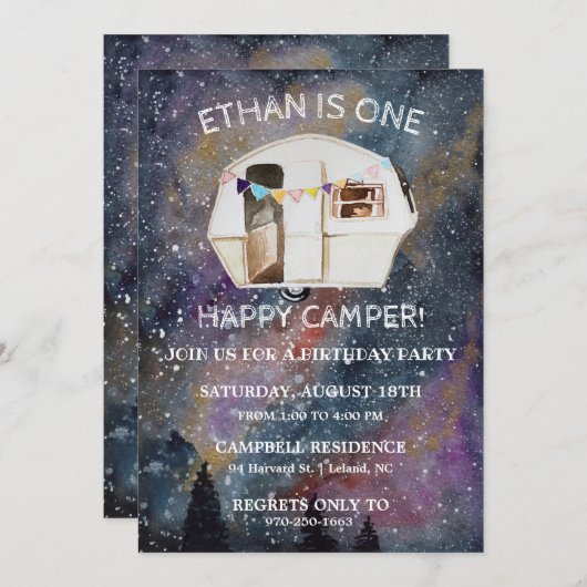 Een Happy Camper First Birthday Party Kaart (Voorkant / Achterkant)