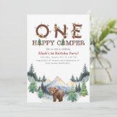 Eén Happy Camper First Birthday Party-uitnodiging Kaart (Staand voorkant)