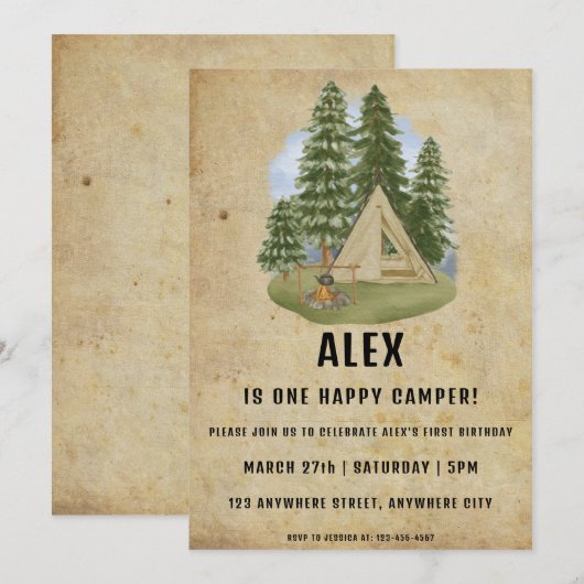 Eén Happy Camper First Birthday Party-uitnodiging Kaart (Voorkant / Achterkant)